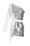 White Sexy Solid Split Joint Asymmetrical Sequins Asymmetrical Collar One Step Skirt Dresses