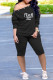 Black Fashion Casual Letter Print Basic Oblique Collar Long Sleeve Two Pieces
