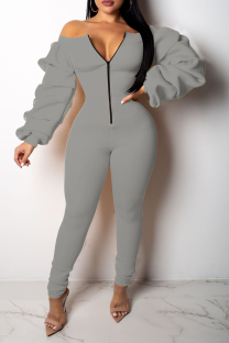 Grey Sexy Solid Split Joint Zipper Collar Skinny Jumpsuits