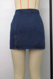 Deep Blue Fashion Casual Solid Slit High Waist Skinny Denim Skirts