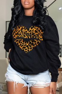 Black Fashion Street Leopard Lips Printed Split Joint O Neck Tops