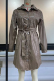 Khaki Fashion Casual Solid Patchwork Pocket Buckle Turndown Collar Shirt Dress Dresses