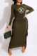 Army Green Fashion Casual Print Tassel O Neck One Step Skirt Dresses