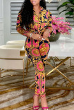 Rose Red Casual Print Patchwork Buckle Turndown Collar Long Sleeve Two Pieces