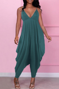 Dark Green Sexy Casual Solid Backless Spaghetti Strap Regular Jumpsuits