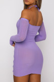 Purple Sexy Solid Hollowed Out Split Joint Halter Pencil Skirt Dresses
