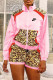 Pink Fashion Sportswear Print Leopard Patchwork Mandarin Collar Long Sleeve Two Pieces