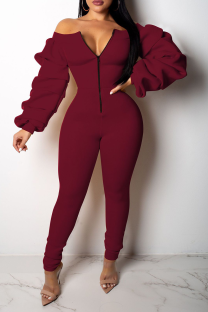 Burgundy Sexy Solid Split Joint Zipper Collar Skinny Jumpsuits