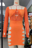 Orange Sexy Solid Hollowed Out Split Joint Halter Pencil Skirt Dresses