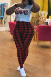 Blue Casual Plaid Patchwork O Neck Short Sleeve Two Pieces