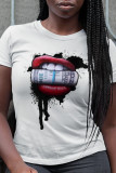 White Fashion Street Lips Printed Patchwork O Neck T-Shirts