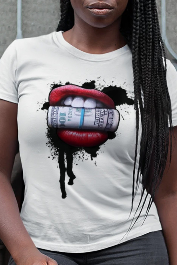 White Fashion Street Lips Printed Patchwork O Neck T-Shirts