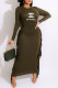 Army Green Fashion Casual Letter Print Tassel O Neck One Step Skirt Dresses