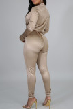 Khaki Sexy Solid Patchwork Turndown Collar Long Sleeve Two Pieces