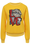 Yellow Casual Print Patchwork Letter O Neck Tops