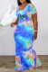 Blue Fashion Casual Letter Print Tie-dye O Neck Short Sleeve Dress Dresses