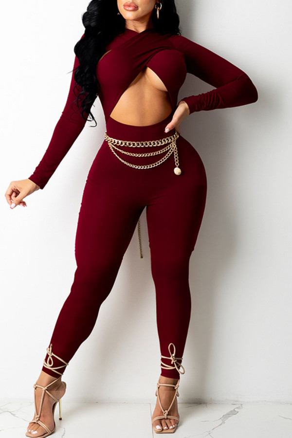Burgundy Sexy Solid Hollowed Out Patchwork Asymmetrical Regular Jumpsuits (Without Belt)