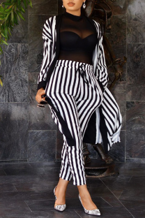 Black And White Casual Striped Split Joint Cardigan Collar Long Sleeve Two Pieces