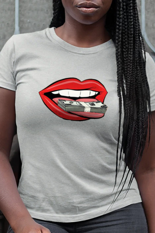 Grey Fashion Street Lips Printed Patchwork O Neck T-Shirts