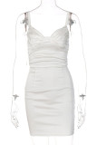 Cream White Sexy Solid Patchwork Spaghetti Strap One Step Skirt Dresses