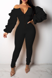 Black Sexy Solid Patchwork Zipper Collar Skinny Jumpsuits