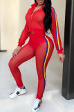 Red Fashion Sexy Striped Patchwork See-through Zipper Collar Long Sleeve Two Pieces