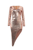 Pink Fashion Sexy Patchwork Sequins Asymmetrical V Neck Long Sleeve Dresses