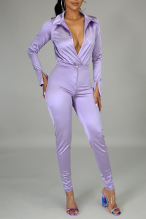 Light Purple Casual Solid Split Joint V Neck Long Sleeve Two Pieces
