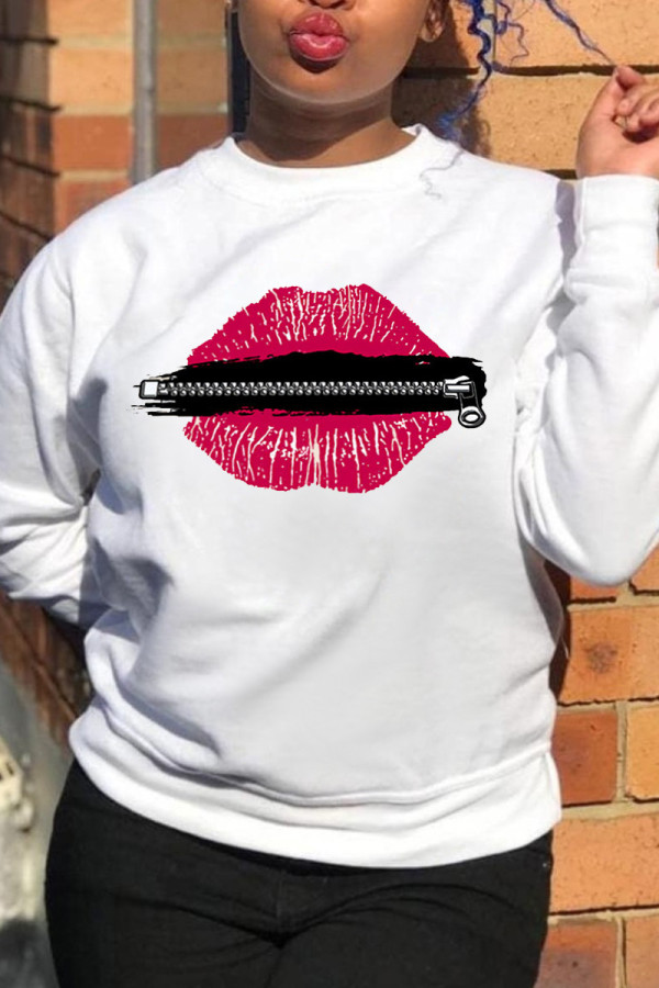 White Fashion Casual Print Patchwork O Neck Tops