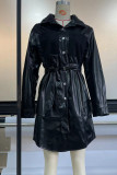 Black Fashion Casual Solid Patchwork Pocket Buckle Turndown Collar Shirt Dress Dresses