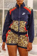 Tibetan Blue Fashion Sportswear Print Leopard Patchwork Mandarin Collar Long Sleeve Two Pieces