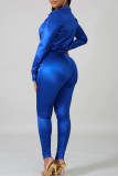 Royal Blue Sexy Solid Patchwork Turndown Collar Long Sleeve Two Pieces