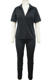 Black Casual Solid Split Joint Buckle Turndown Collar Short Sleeve Two Pieces