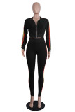 Red Fashion Sexy Striped Patchwork See-through Zipper Collar Long Sleeve Two Pieces