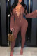Brown Fashion Sexy Solid Hollowed Out Chains V Neck Skinny Jumpsuits