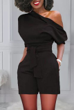 Rose Red Casual Solid Bandage One Shoulder Regular Rompers