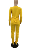 Yellow Casual Solid Fold O Neck Long Sleeve Two Pieces