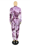 Purple Fashion Casual Print Tie-dye Zipper Collar Plus Size Two Pieces