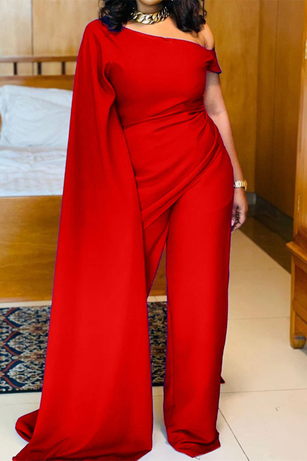 Red Fashion Solid Patchwork Oblique Collar Regular Jumpsuits