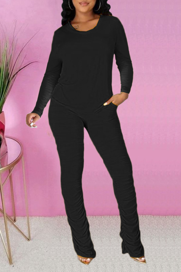 Black Casual Solid Fold O Neck Long Sleeve Two Pieces