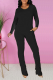 Black Casual Solid Fold O Neck Long Sleeve Two Pieces