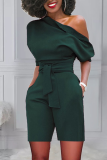 Rose Red Casual Solid Bandage One Shoulder Regular Rompers
