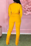 Yellow Casual Solid Fold O Neck Long Sleeve Two Pieces