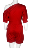 Rose Red Casual Solid Bandage One Shoulder Regular Rompers