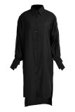 Black Fashion Casual Solid Slit Turndown Collar Long Sleeve Shirt Dress