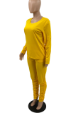 Yellow Casual Solid Fold O Neck Long Sleeve Two Pieces