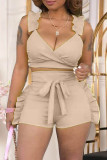 Cream White Sexy Casual Solid Basic V Neck Sleeveless Two Pieces