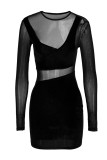 Black Fashion Sexy Patchwork See-through O Neck Long Sleeve Dresses
