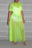 Fluorescent Green Fashion Sexy Solid See-through O Neck Short Sleeve Dress
