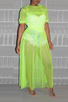Fluorescent Green Fashion Sexy Solid See-through O Neck Short Sleeve Dress